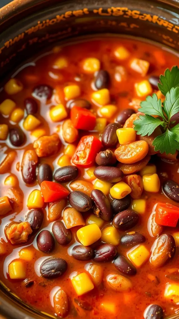 A close-up of a crock pot filled with colorful vegetable chili, featuring kidney beans, corn, and bell peppers.