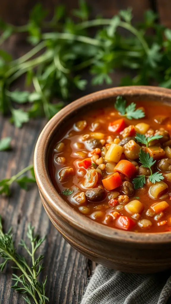 A bowl of lentil soup with vegetables, garnished with fresh herbs.