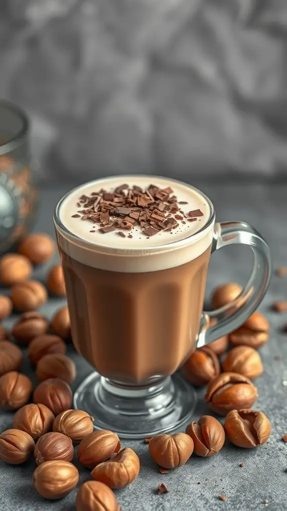A cup of Hazelnut Mocha Latte topped with chocolate shavings, surrounded by hazelnuts.