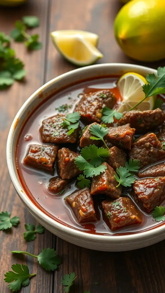 A bowl of zesty beef stew with lime and cilantro, featuring tender beef chunks in a rich broth, garnished with fresh herbs.