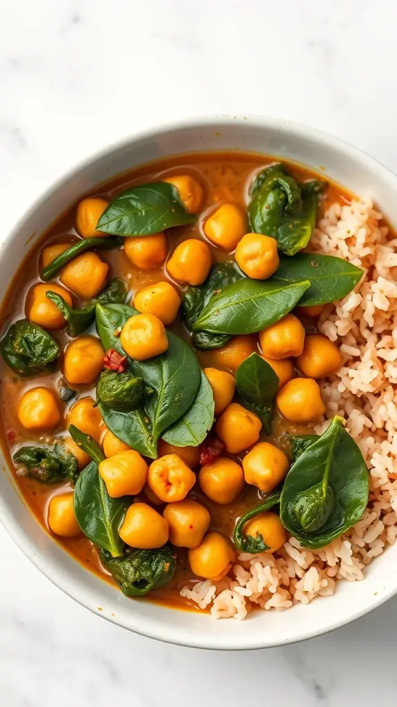 A bowl of chickpea and spinach curry served over brown rice.