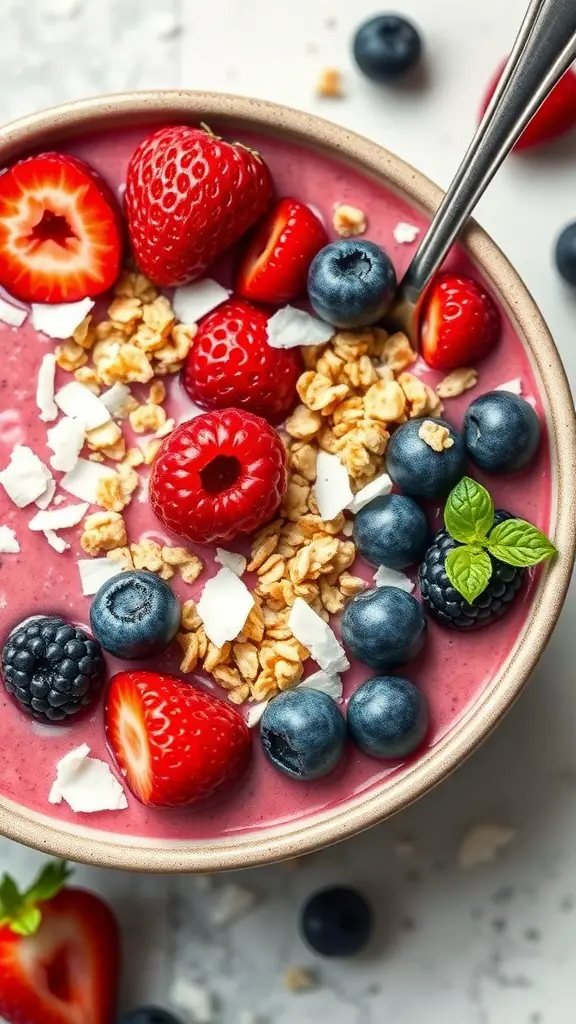 A berry smoothie bowl topped with strawberries, blueberries, blackberries, granola, and coconut flakes.