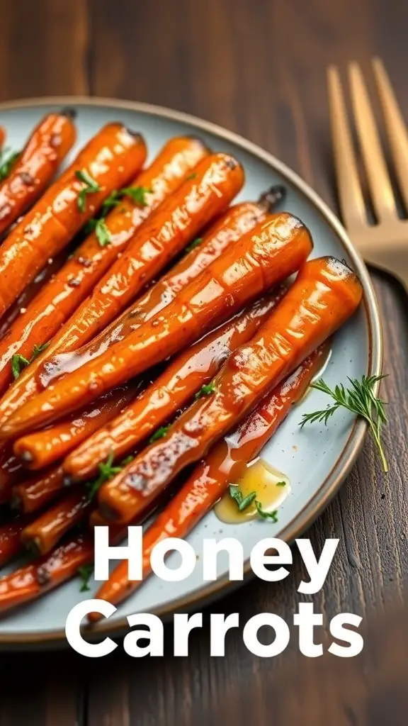 Plate of roasted carrots with honey glaze garnished with herbs