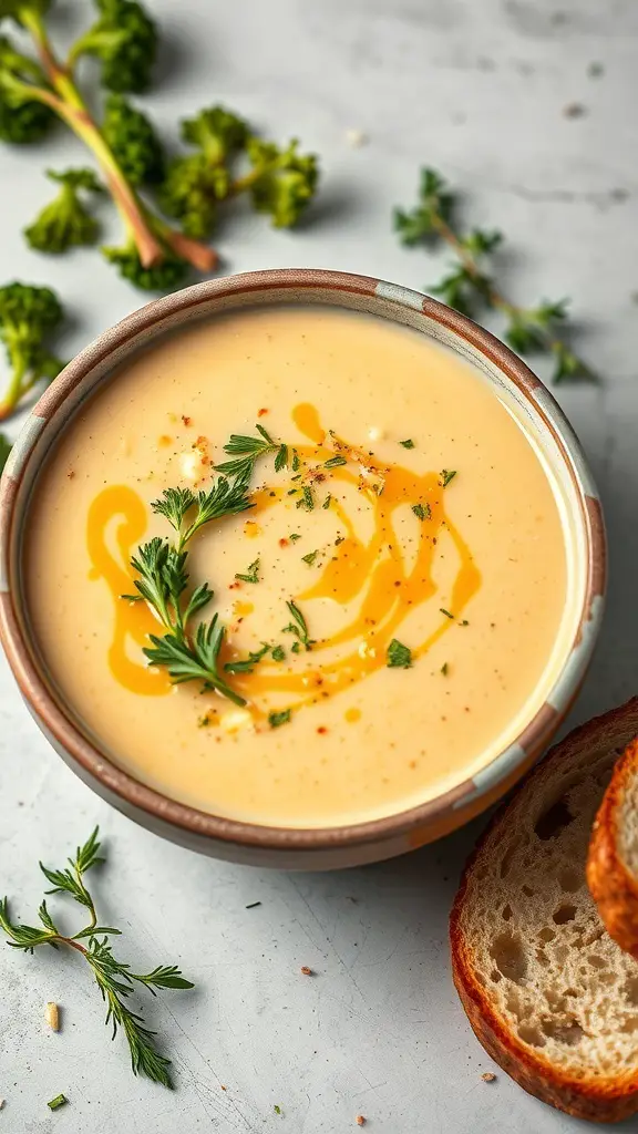 A bowl of creamy broccoli cheddar soup garnished with herbs, with a slice of bread on the side.