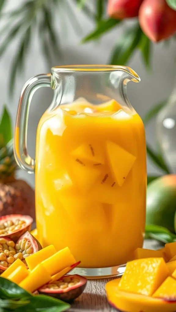 A pitcher of Mango Passionfruit Cooler with mango chunks and fresh fruits around it.