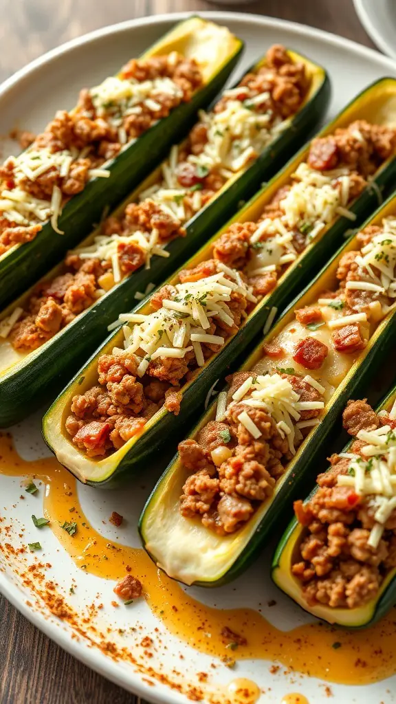 Beefy stuffed zucchini boats filled with ground beef and topped with cheese.