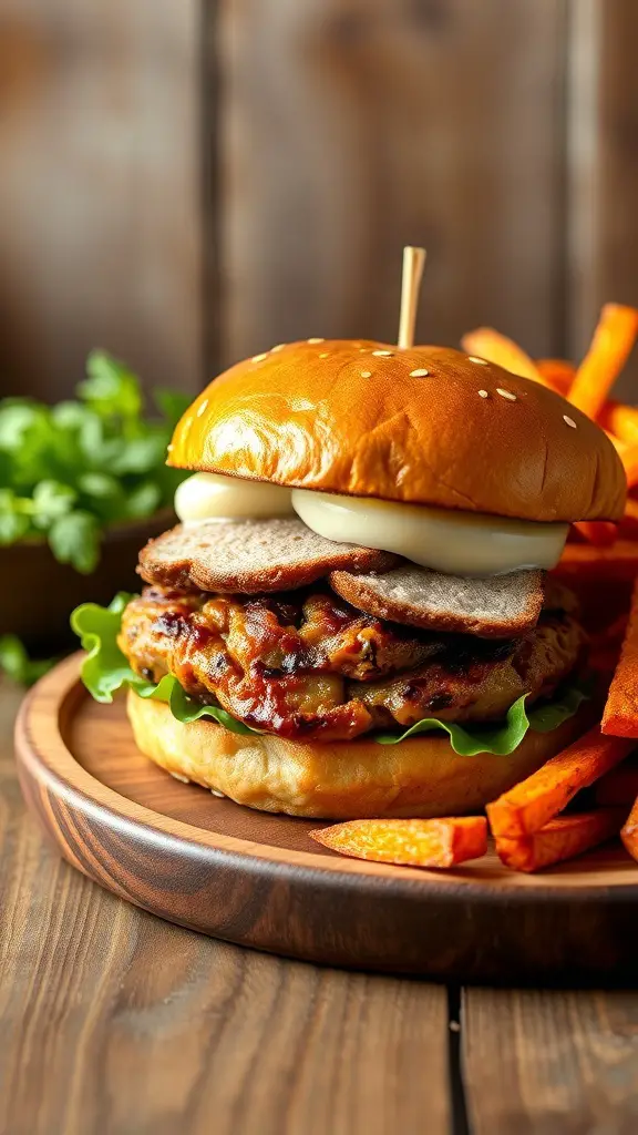 A turkey burger with lettuce and sauce on a sesame seed bun, served with sweet potato fries on a wooden plate.