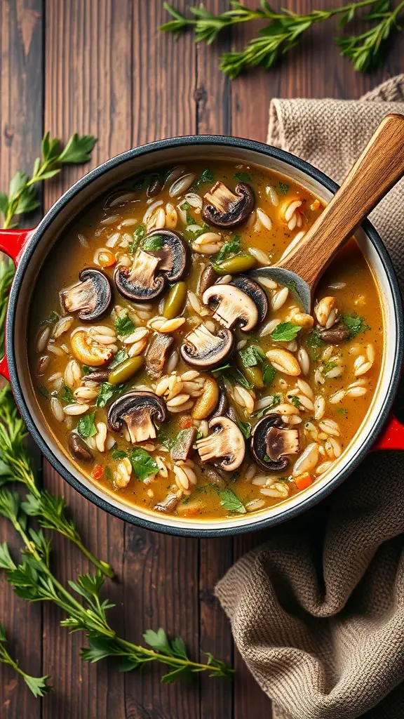 A pot of wild rice and mushroom soup with mushrooms and herbs on a wooden table.