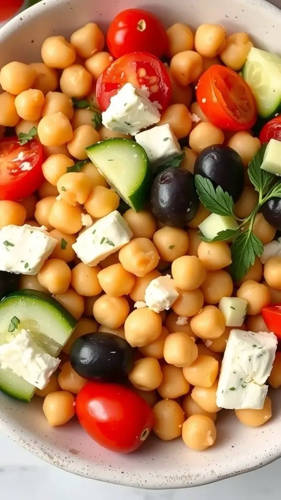 A bowl of Mediterranean Chickpea Salad with chickpeas, cherry tomatoes, cucumbers, olives, and feta cheese.