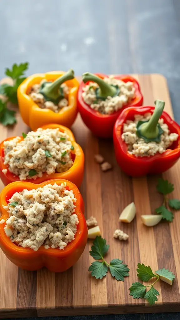 Stuffed bell peppers filled with turkey and cauliflower rice on a wooden cutting board
