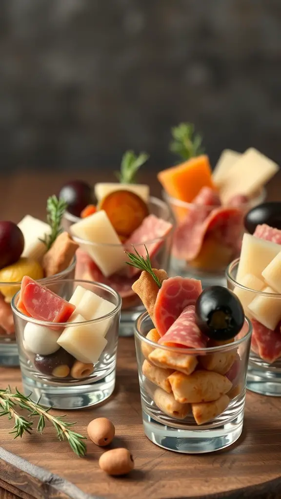 Miniature charcuterie cups filled with meats, cheeses, and olives