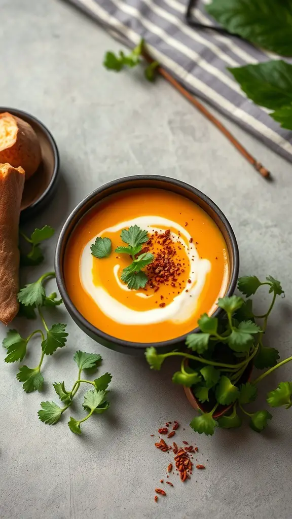 A bowl of curried sweet potato and coconut milk soup garnished with cilantro and red pepper flakes.
