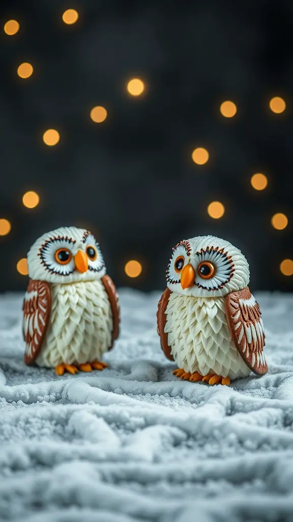 Two owl-shaped cupcakes decorated with white frosting and orange details, resembling Hedwig from Harry Potter.