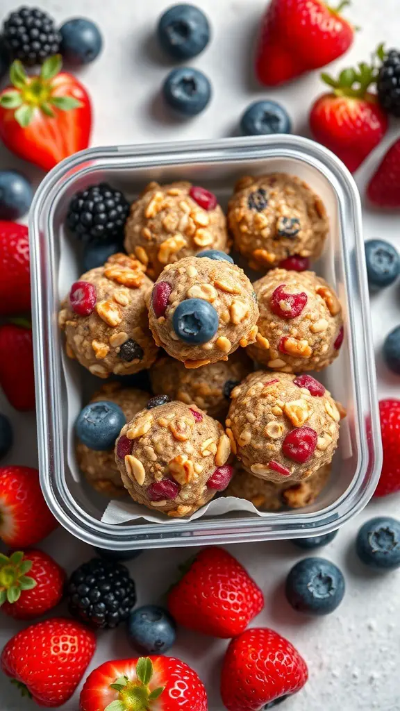A container filled with fruit and nut energy bites surrounded by fresh strawberries and blueberries.