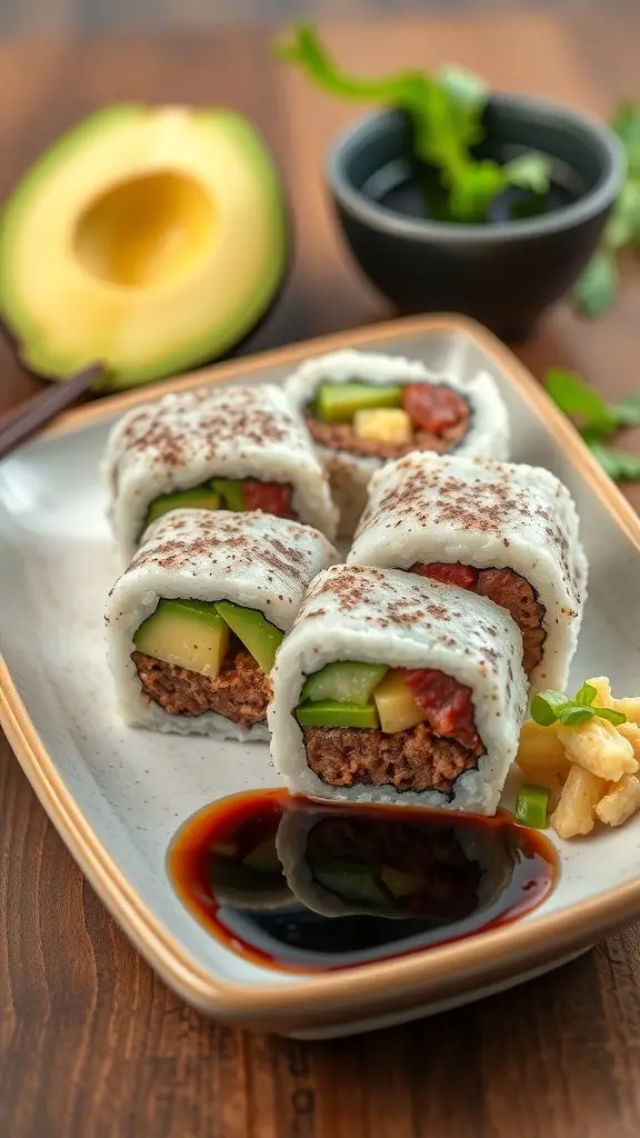 A plate of ground beef sushi rolls with avocado and dipping sauce.