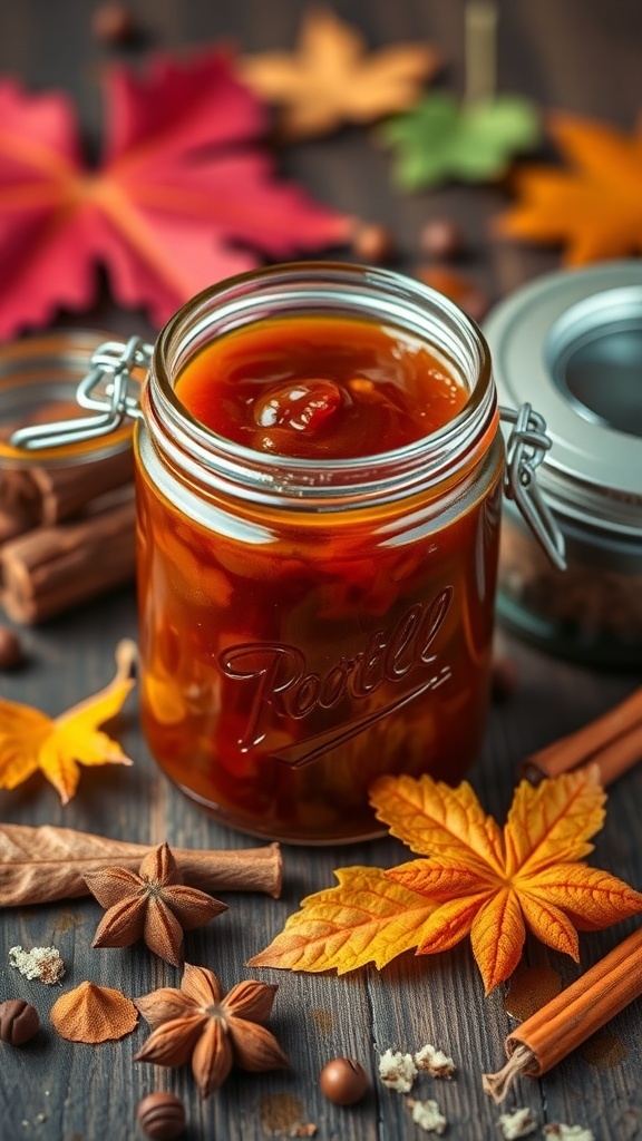 A jar of autumn spice jam surrounded by colorful autumn leaves and spices.