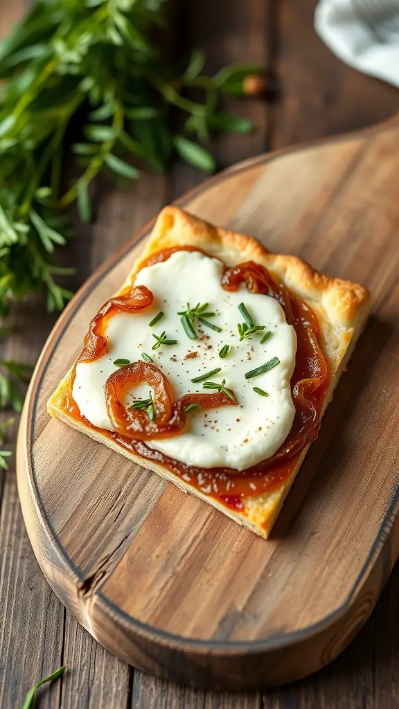 A delicious caramelized onion and goat cheese tart on a wooden board.