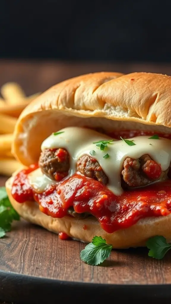 A delicious Italian Meatball Sub with meatballs, marinara sauce, and melted cheese in a toasted roll, served with fries.