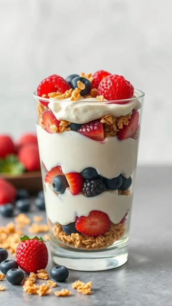 A delicious Greek yogurt parfait layered with berries and granola in a glass.