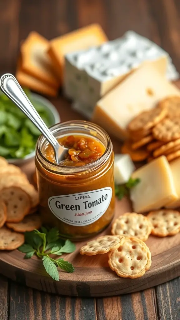 A jar of green tomato and bacon jam on a wooden platter with crackers and cheese.