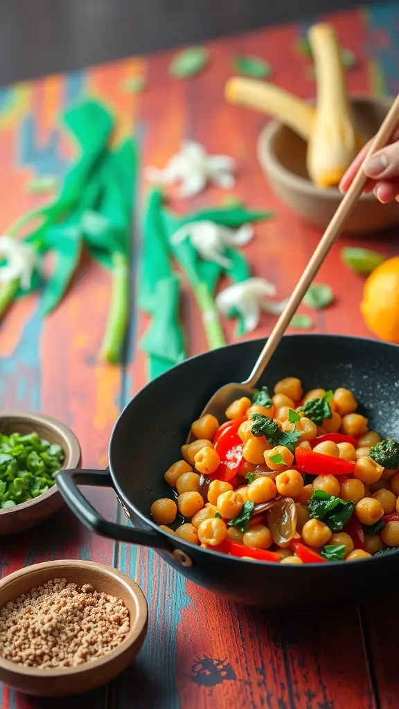 A colorful chickpea stir-fry with vegetables in a black pan, surrounded by fresh ingredients.