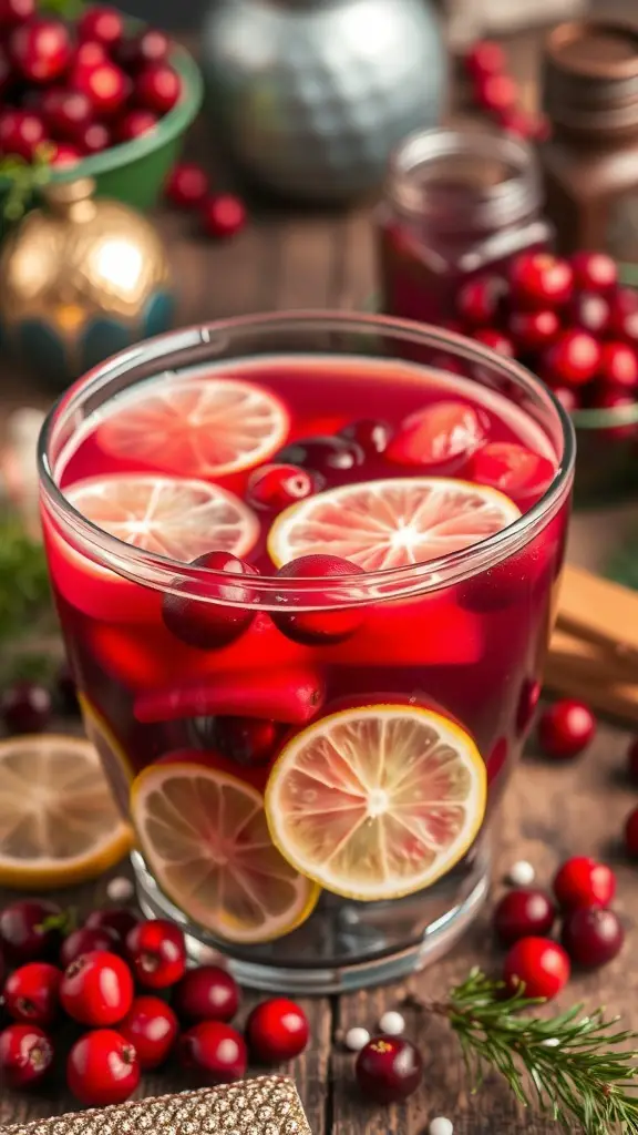 A refreshing cranberry lime punch with fresh cranberries and lime slices in a glass bowl.