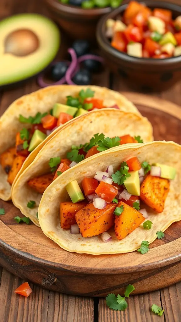 Three spicy canned potato tacos topped with fresh vegetables and cilantro