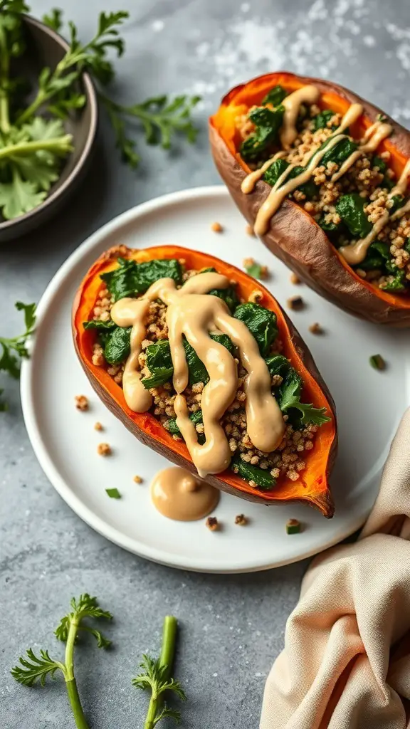 Stuffed sweet potatoes filled with quinoa and kale, drizzled with tahini sauce.