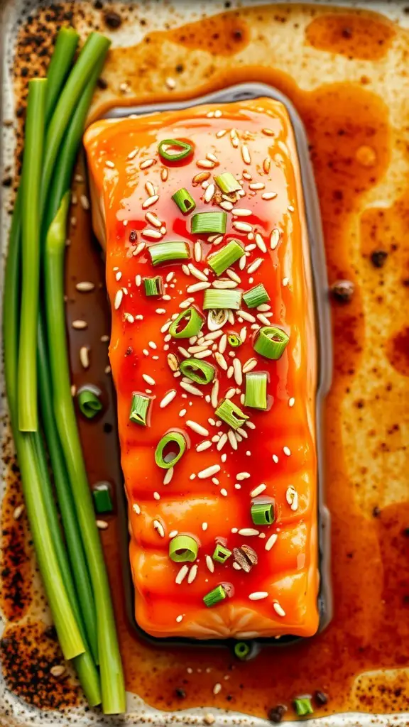 Honey garlic baked salmon with green onions and sesame seeds