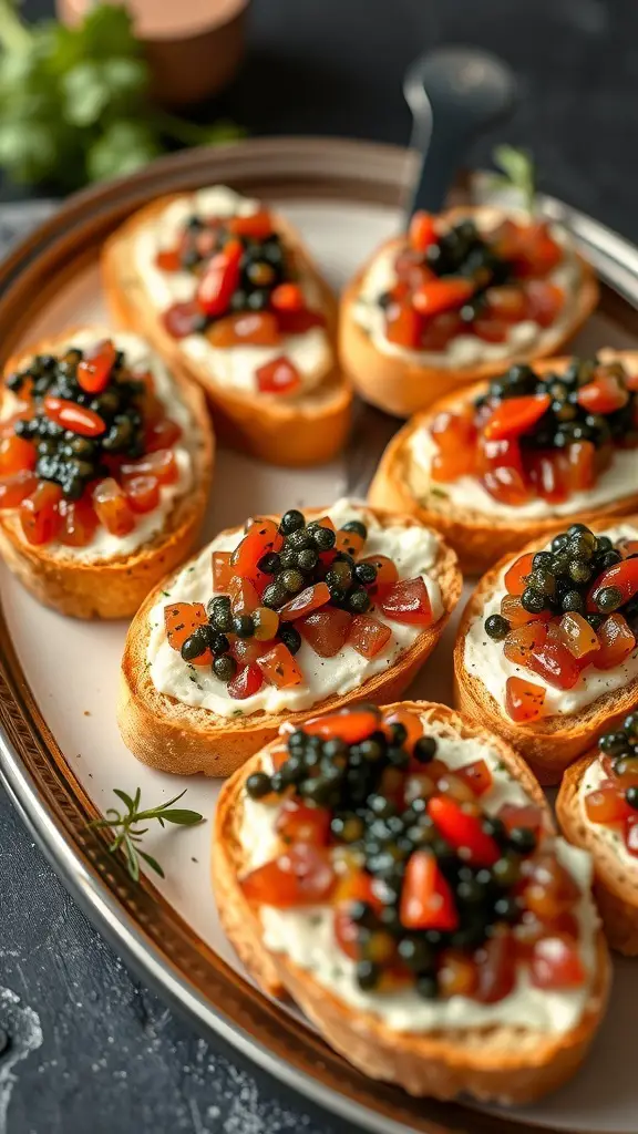 Crostini topped with herb butter, diced tomatoes, and caviar on a platter.