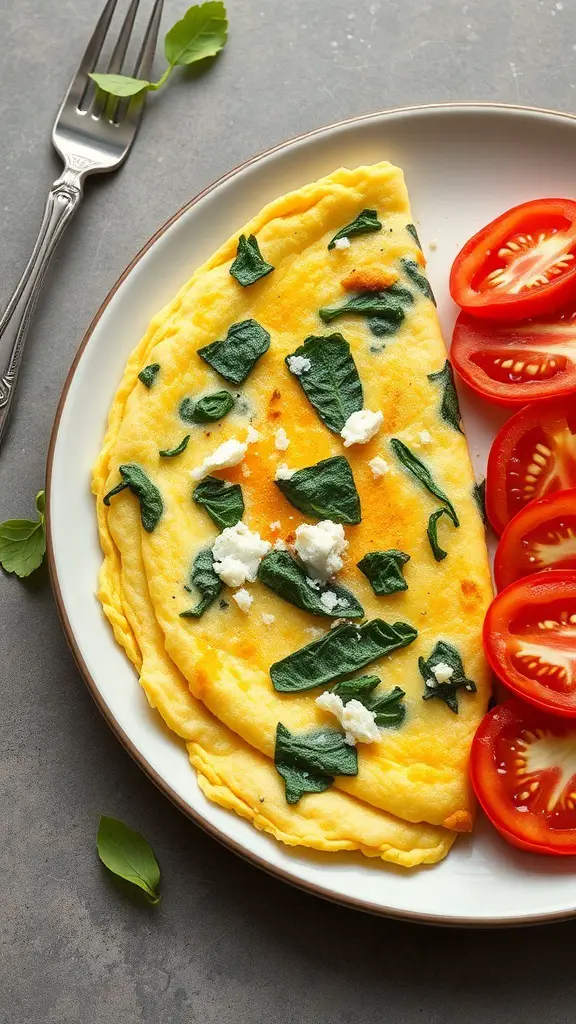 A delicious spinach and feta omelette served with sliced tomatoes.