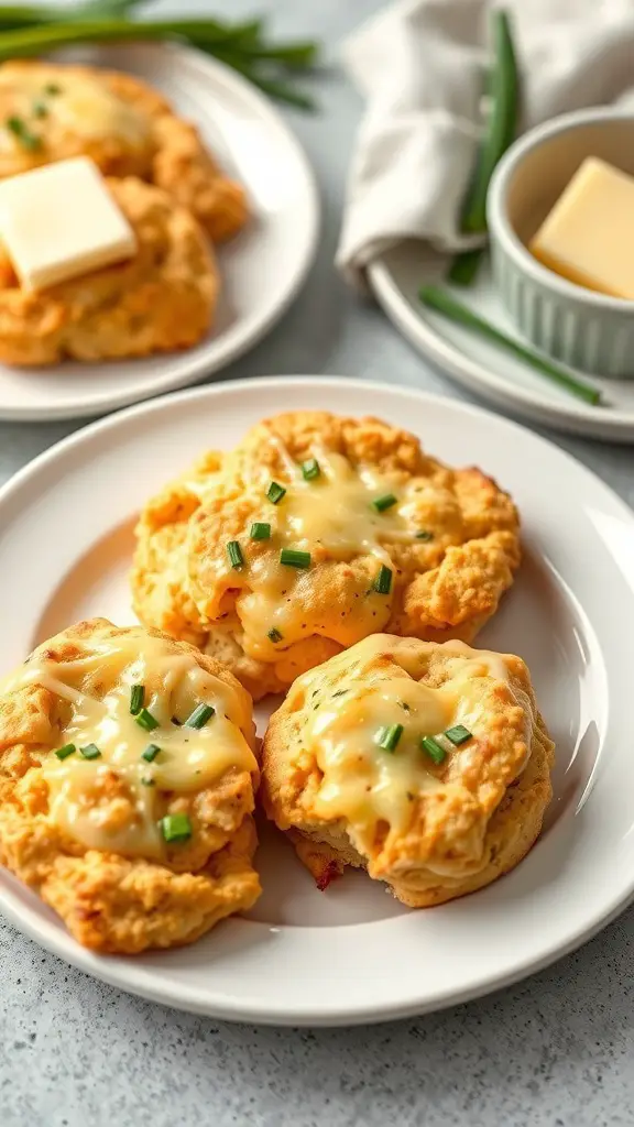 Savory scones topped with cheese and chives on a plate