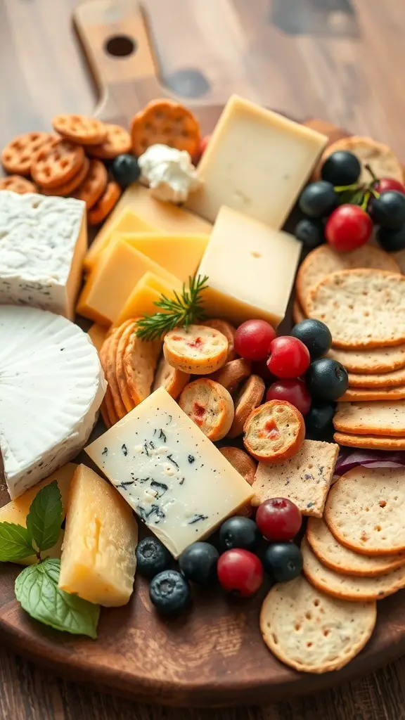 A beautifully arranged charcuterie board featuring various cheeses, crackers, and fresh fruits.
