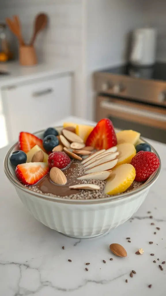 A bowl of chia seed pudding topped with strawberries, blueberries, mango slices, and almonds.