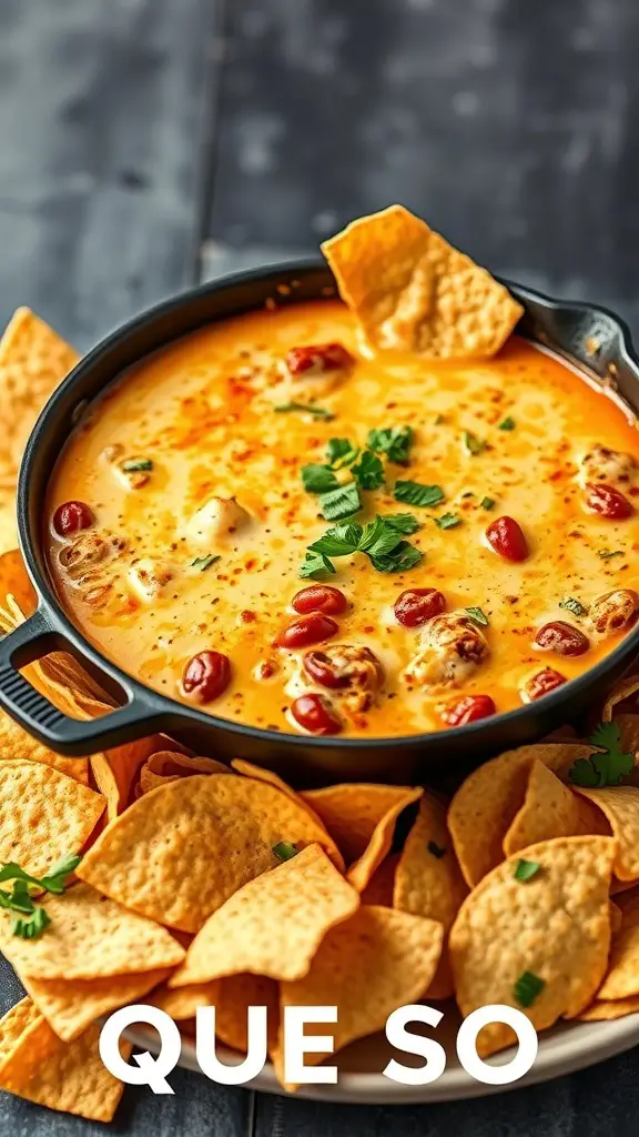 A bowl of smoky Hatch chili queso dip surrounded by tortilla chips.
