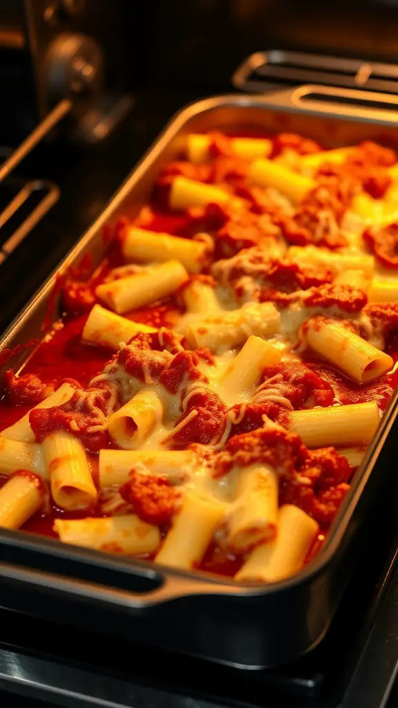 A baking dish filled with baked ziti topped with marinara sauce and melted cheese.