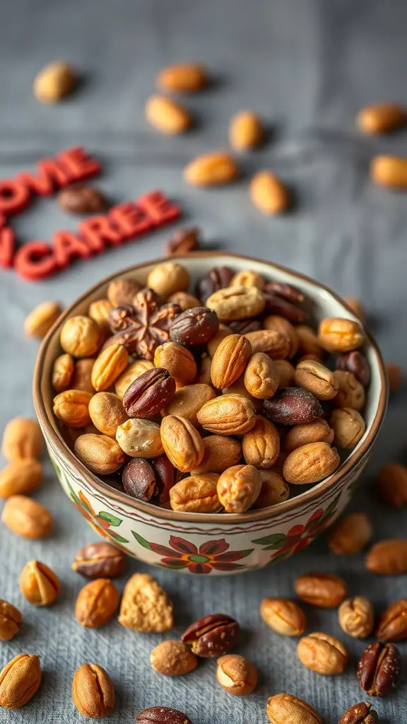 A bowl of spiced nuts with various types of nuts scattered around.