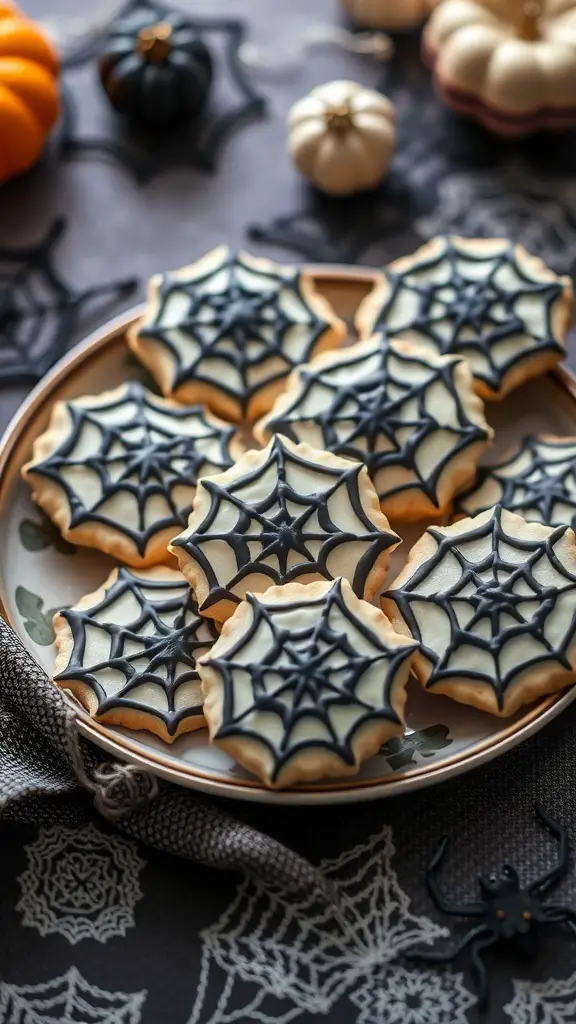A plate of spider web cookies decorated with black icing on a white background, surrounded by Halloween-themed decor.