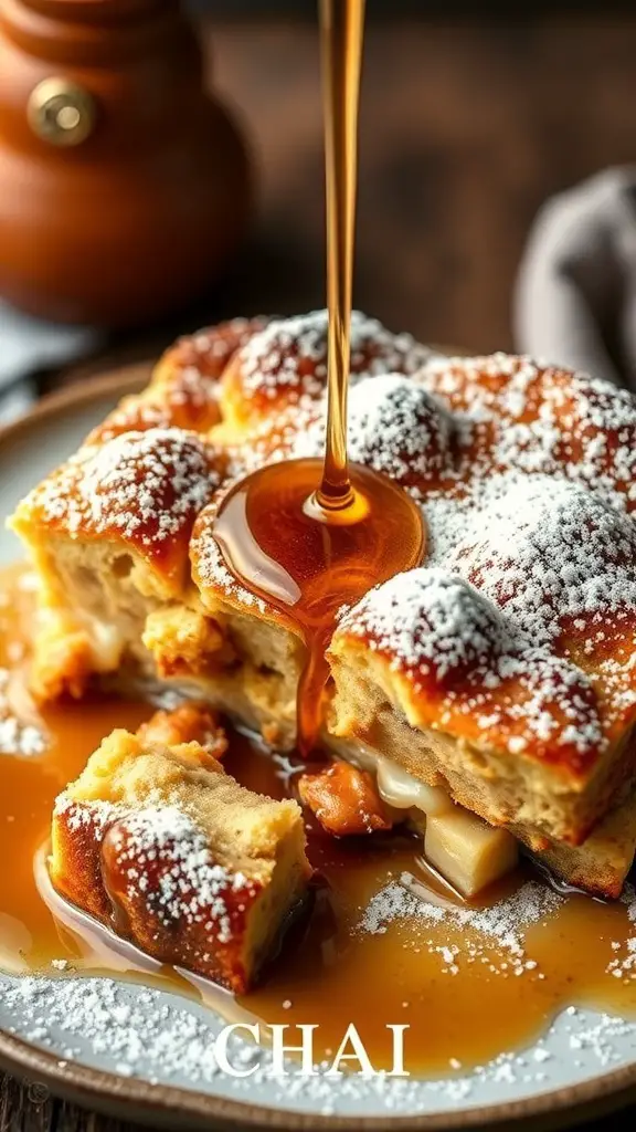 Chai-Spiced French Toast Casserole with syrup drizzling on top