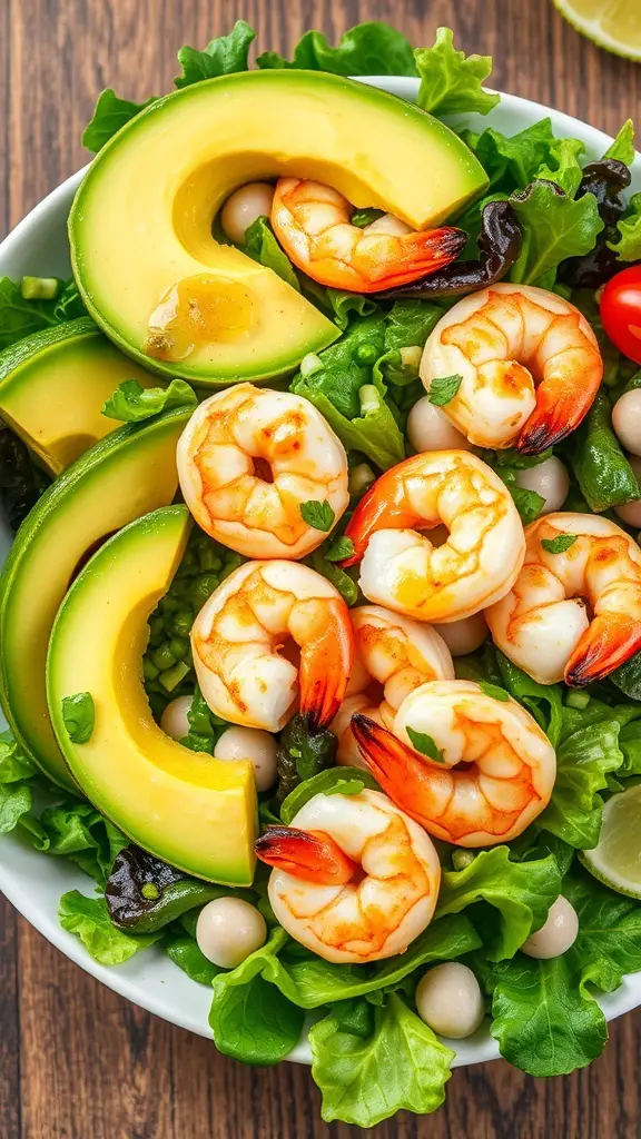A colorful avocado and shrimp salad with lettuce, shrimp, and avocado slices.