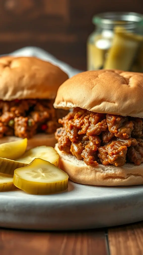 Two homemade sloppy joes on whole wheat buns with pickles on the side.