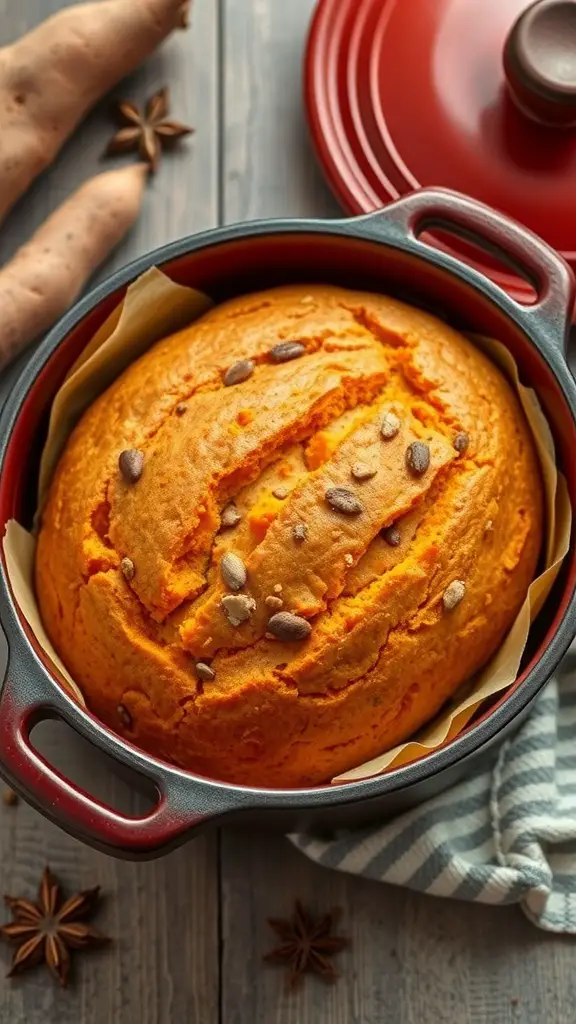 A freshly baked Sweet Potato Dutch Oven Bread in a red Dutch oven, surrounded by sweet potatoes and star anise.