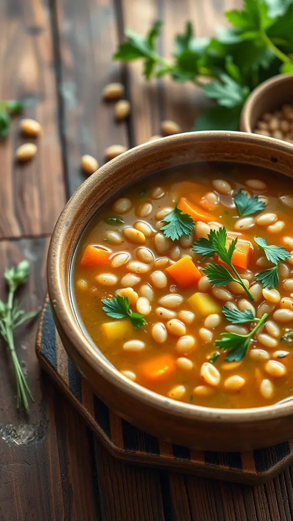 A bowl of hearty vegetable barley soup with fresh herbs on top, served on a wooden table.