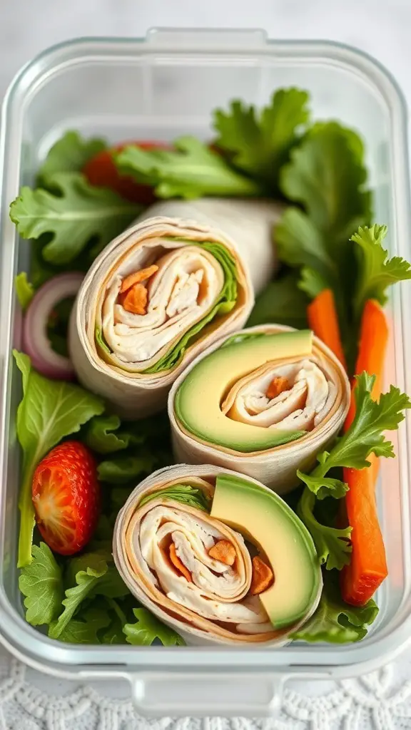 Turkey and avocado wrap with fresh greens and vegetables in a lunch box