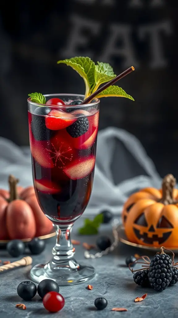 A spooky Sinister Sangria Mocktail with dark fruits, mint, and ice in a tall glass, surrounded by Halloween decorations.