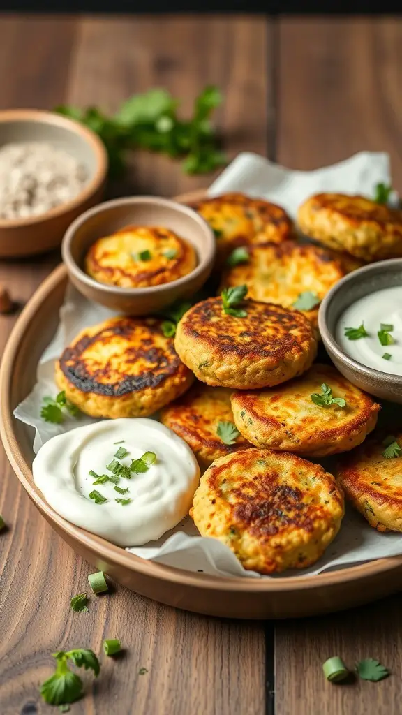 A plate of zucchini fritters with yogurt dip, garnished with herbs.