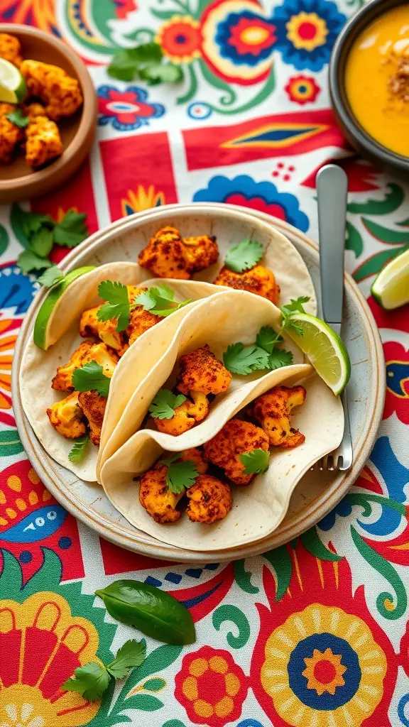 Spicy cauliflower tacos with cilantro and lime on a colorful tablecloth