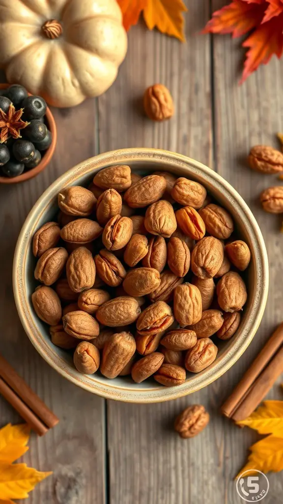 A bowl of cinnamon roasted nuts surrounded by autumn decorations.