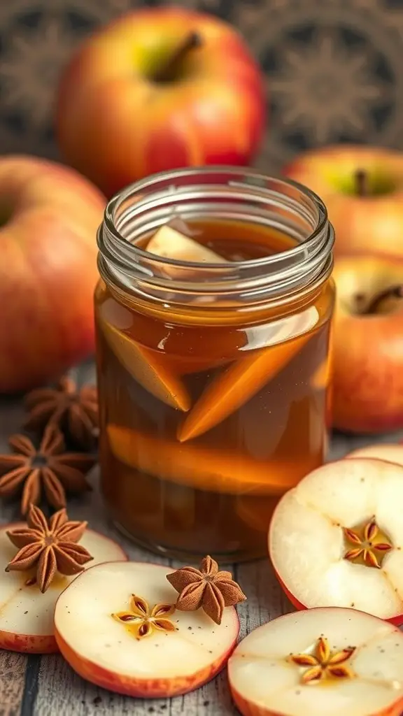 A jar of Chai Tea Infused Apple Jam surrounded by fresh apples and star anise.