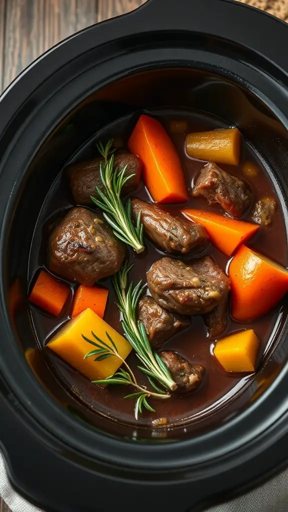 A close-up of herbed lamb stew with root vegetables in a crockpot.